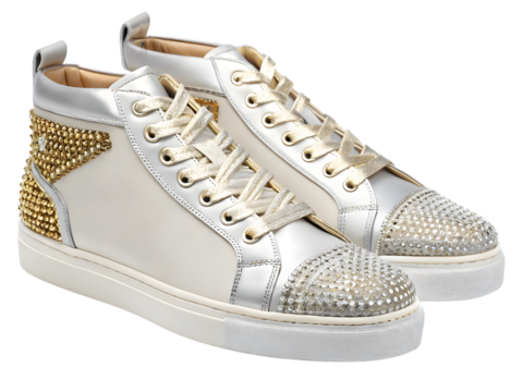 White leather high top sneakers with gold stud accents and crystal embellished toe caps isolated on a transparent background