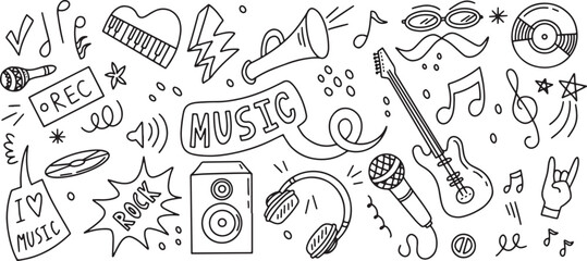Music doodle illustration, musical instrument doodles, trumpet sketch, music note icons, headphone doodle, speaker vector sketch, hand drawn music set, doodle audio clipart, retro radio doodle, band i