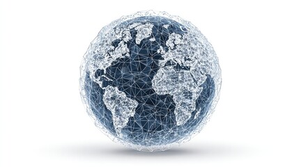 A digital rendering of Earth, depicted as a sphere with a wireframe overlay creating a network effect.  The continents are faintly visible beneath the intricate 