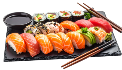 Realistic photo of assorted fresh sushi platter with salmon, tuna, and avocado rolls isolated on white background, perfect Japanese food concept.