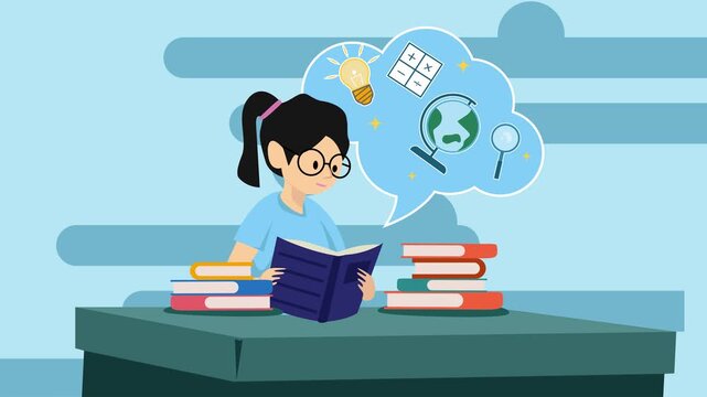 female students reading book cartoon animation backgrounds video . women learning textbook Concept Schoolgirl Character Sit on study desk animated footage motion graphic illustration design
