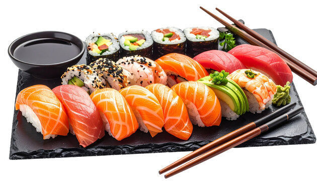 Realistic photo of assorted fresh sushi platter with salmon, tuna, and avocado rolls isolated on white background, perfect Japanese food concept. - Powered by Adobe