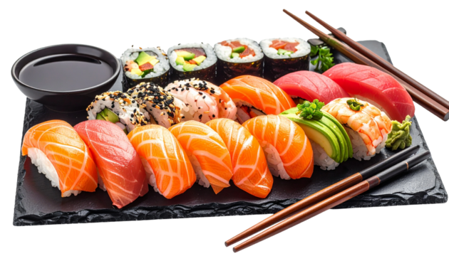 Realistic photo of assorted fresh sushi platter with salmon, tuna, and avocado rolls isolated on white background, perfect Japanese food concept.