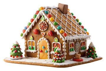 Homemade gingerbread house decorated with white snowy conifer forest scene, model fir trees, icing sugar snow, on transparent background