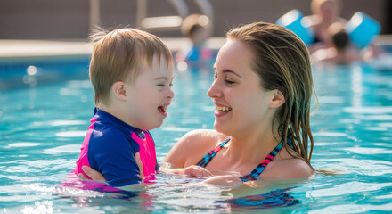 A woman holds a happy kid with down syndrome in a swimming pool. Family enjoying summer water activities together.
