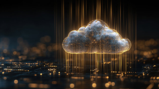 Futuristic Cloud Computing Concept With Glowing Holographic Cloud And Cyber Data Streams