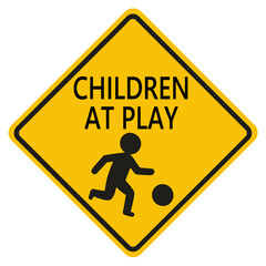 A children at play sign warns of kids in a neighborhood, and caution is needed. Modern flat vector sticker label with icon and badge style, transparent background