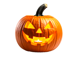 Close-up studio shot of a carved Halloween pumpkin with a lit candle inside, showcasing a classic jack-o'-lantern face against a pure white background, creating a warm