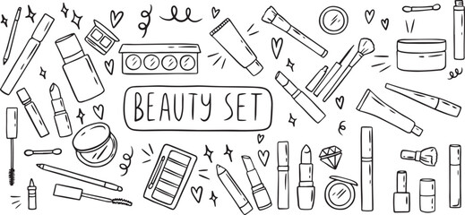 Beauty doodle set, makeup doodles, cosmetic icons, lipstick sketch vector, fashion doodles, beauty clipart pack, eyeliner doodle art, nail polish doodles, handdrawn beauty tools, skincare doodles, mak