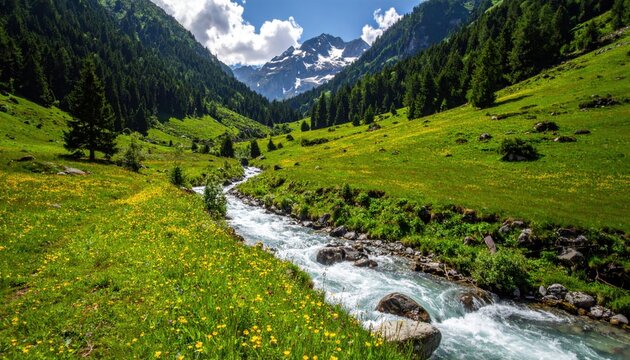 Broad talweg drainage line through alpine meadow clean gradient wallpaper background representing mountain hydrology trace suitable for natural landscape design