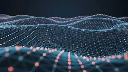 Abstract digital network grid with glowing nodes and connections creating a futuristic landscape