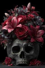 Skull Vase Overflowing with Dark Red Roses and Lilies