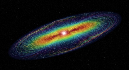 Rainbowcolored cosmic nebula with swirling energy trails and stars