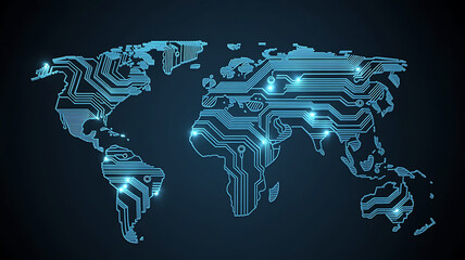 Global digital network connection represented by a glowing blue circuit board world map on a dark background