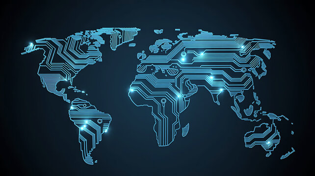 Global digital network connection represented by a glowing blue circuit board world map on a dark background