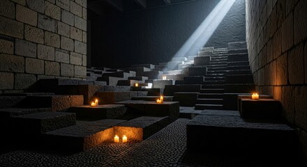 Mysterious Stone Staircase with Glowing Candles and Dramatic Light Beam