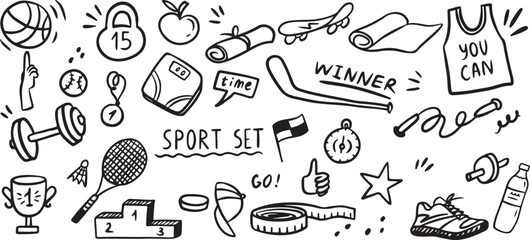 Sports doodle icons, hand drawn sports clipart, fitness doodles, sport elements set, gym workout sketch, sport ball outline, athletics doodle art, game symbols, running clipart, sports vector pack, gy