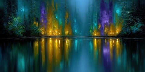 Naklejka premium A stunning abstract painting depicts a reflective lake with colorful lights and a magical forest.