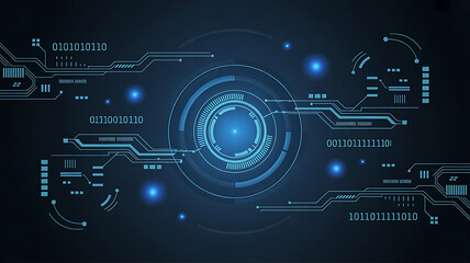 Obraz premium Futuristic digital interface with glowing blue lights and circuitry patterns on a dark background