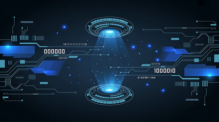 Futuristic digital interface with glowing blue lights and binary code on a dark background