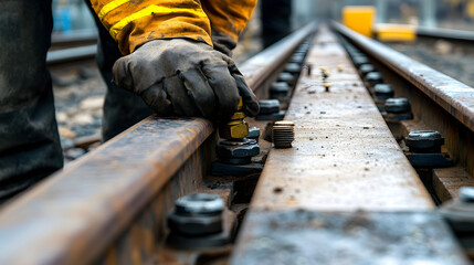A worker in gloves tightens a bolt on a railroad track with visible rust and metal components