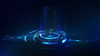 Futuristic glowing blue energy portal with swirling lights and dark background symbolizing technology and innovation