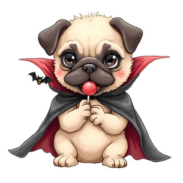 adorable Halloween pug in vampire cape