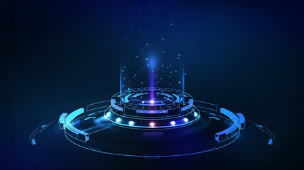 Futuristic glowing blue energy portal or teleportation device with intricate circular base and light beams