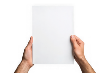 Two hands holding a blank white A4 paper sheet isolated on a transparent background image 1