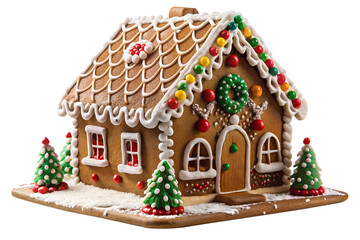 Homemade gingerbread house decorated with white snowy conifer forest scene, model fir trees, icing sugar snow, on transparent background