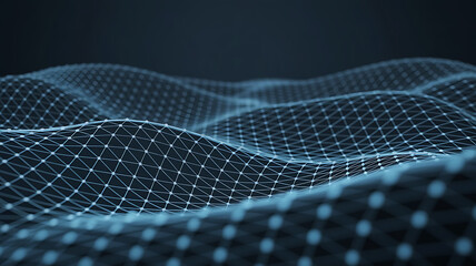 Abstract glowing blue digital network mesh forming undulating waves on a dark background