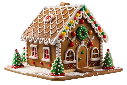Homemade gingerbread house decorated with white snowy conifer forest scene, model fir trees, icing sugar snow, on transparent background