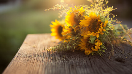 Sunflower bouquet bathed in golden morning light on a rustic wooden surface, radiating natural vibrancy.