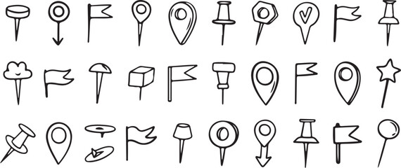 Map Location and Pin Icons Vector Pack – GPS, Marker, Navigation, Travel, Guide, Pointer, Place, Symbol, Simple, Outline, Direction, Sketch, Minimal, Hand Drawn, Icon © Geetaroy