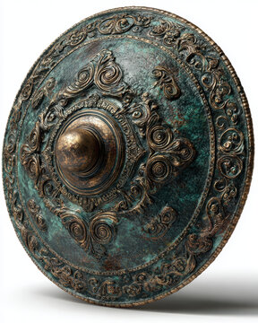 Ancient Greek hoplon (aspis) round shield, hammered bronze with central grip