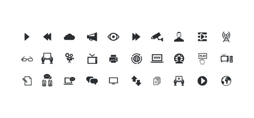 Media and Communication Icon Set: Broadcasting, Internet, Messaging, Social Media, Television, Radio, Camera, Video, Film, Music, and Technology Vector Illustrations
