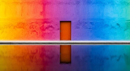 Vibrant Rainbow Wall with Door Reflected in Still Water