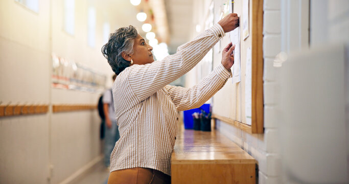 Bulletin board, announcement and woman in school hallway, motivation and sign up for program. Promotion, details and mature teacher with notice, information and location to encourage participation
