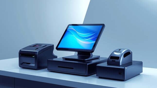 A modern point-of-sale (POS) system setup, featuring a central touchscreen monitor on a cash drawer, flanked by a card reader terminal on the left and a receipt printer on the right.