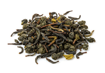 Heap of dried tea leaves creates an inviting visual texture, showcasing the natural beauty of the plant material and the intricate shapes formed during processing.