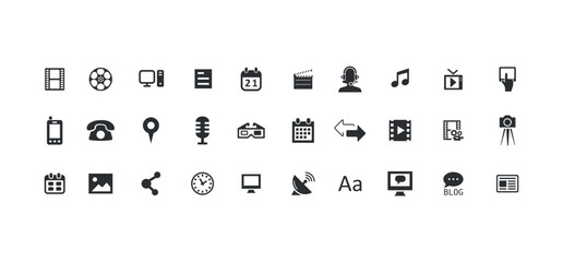 Media and Communication Icon Set: Broadcasting, Internet, Messaging, Social Media, Television, Radio, Camera, Video, Film, Music, and Technology Vector Illustrations