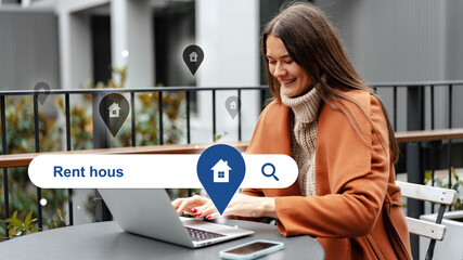 Woman searching for rental properties outdoors at a cozy cafe during daytime