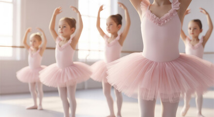 Group of little girls practicing ballet at dance studio. Happy children wearing colorful tutus performing an exercise. Kids activity concept.