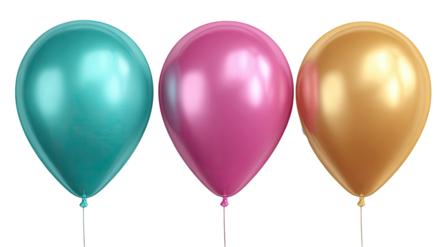 Three glossy balloons in teal, fuchsia, and gold