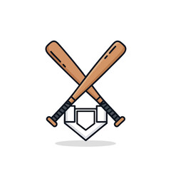 Crossed wooden baseball bats over a home plate cartoon vector icon.