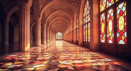 Sunlit Mosque Corridor with Ornate Arches and Stained Glass Windows
