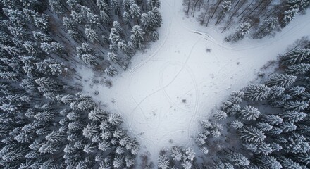 Aerial view of a snow-covered forest clearing with tracks in the snow and surrounding snow-laden pine trees