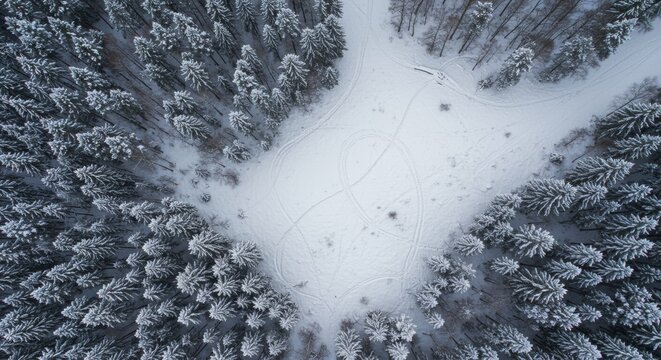 Aerial view of a snow-covered forest clearing with tracks in the snow and surrounding snow-laden pine trees