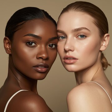 A striking and elegant portrait of two beautiful young women, standing closely side-by-side, their faces almost touching, against a neutral, warm beige background.
