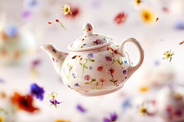 Floral tea pot, floating amidst flowers